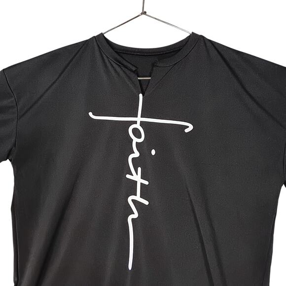 Faith Graphic Tee Size 1XL Black with White Writting Short Sleeve Cut Out Neck - Picture 3 of 6